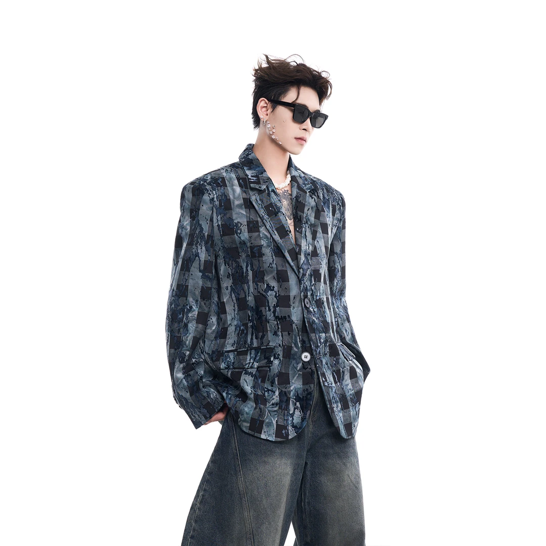 小瘦子男装 小众高级感火烧植绒格纹西装外套秋宽松廓形垫肩西服