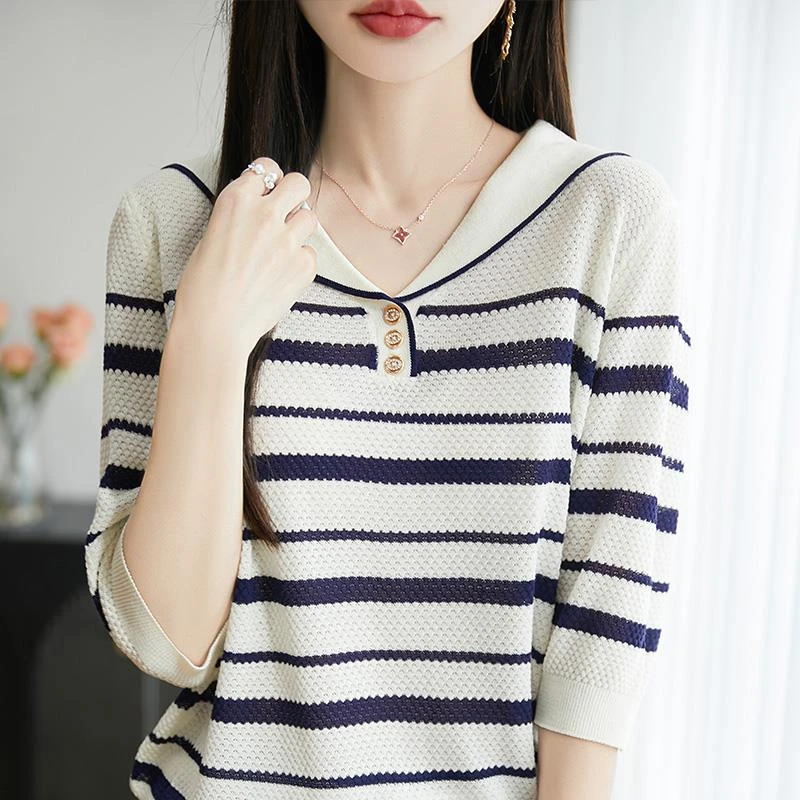 杜拉妮时髦减龄海军领条纹针织短袖T恤女2025夏新款撞色休闲上衣t