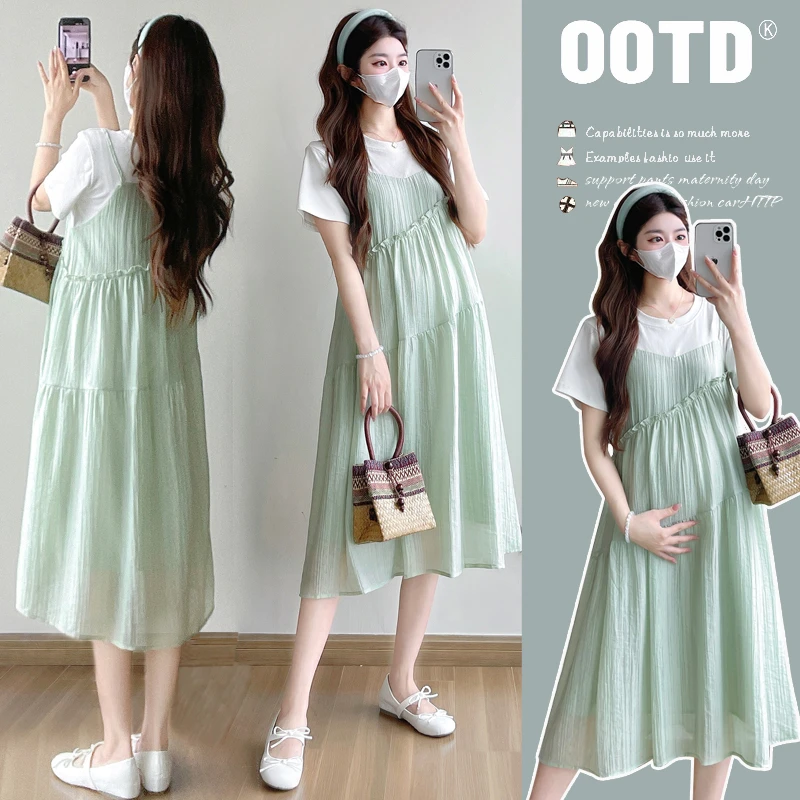 孕妇装连衣裙夏季新款拼接假两件气质小清新孕期小个子T恤女裙子