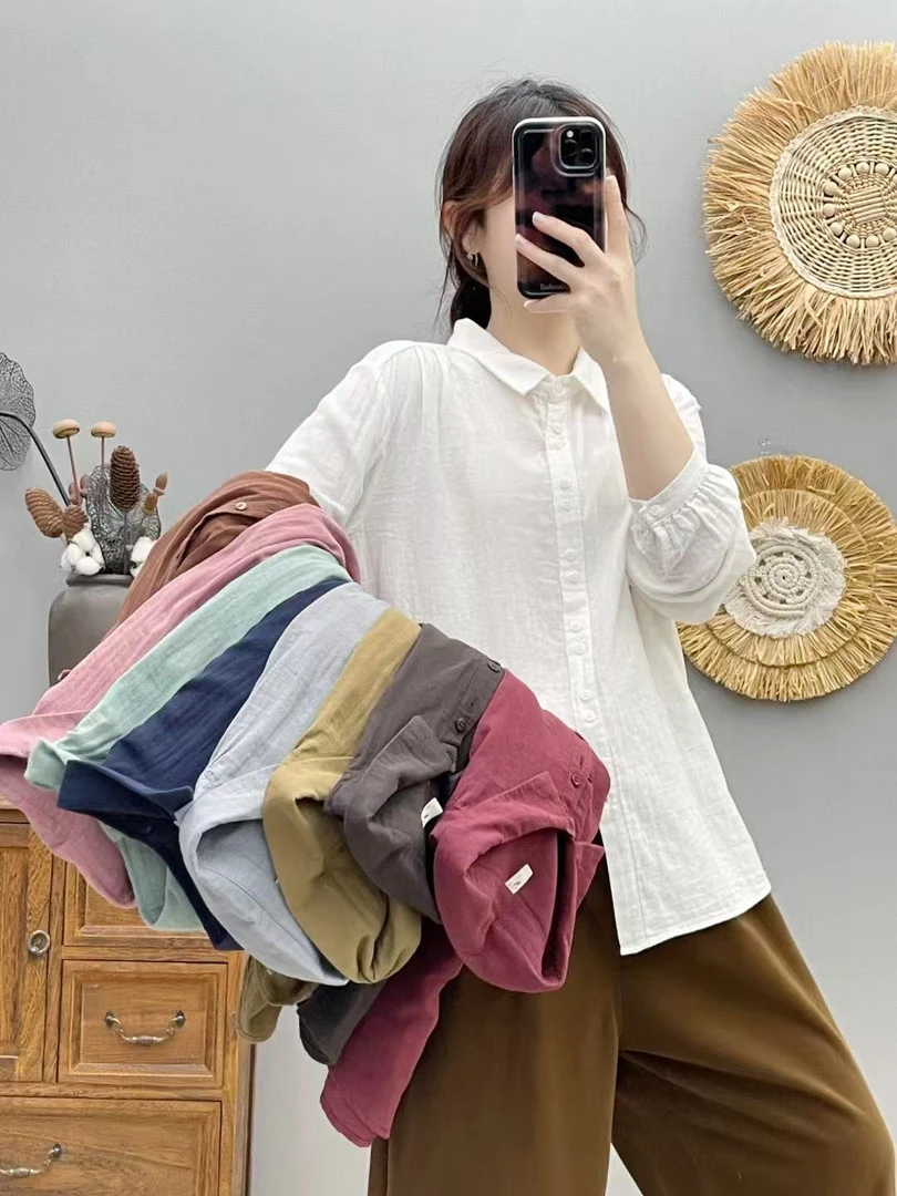 时尚简约长袖春夏季百搭纯色单排多扣衬衫翻领休闲日系上衣宽松