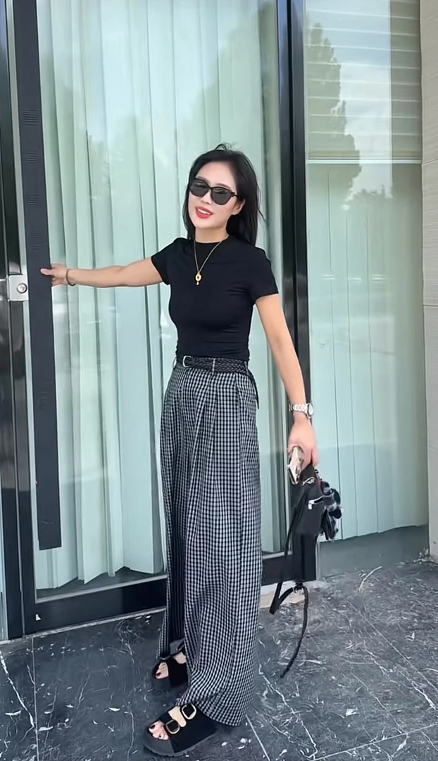 Miss Huo 格子阔腿裤 B 黑格色  16616