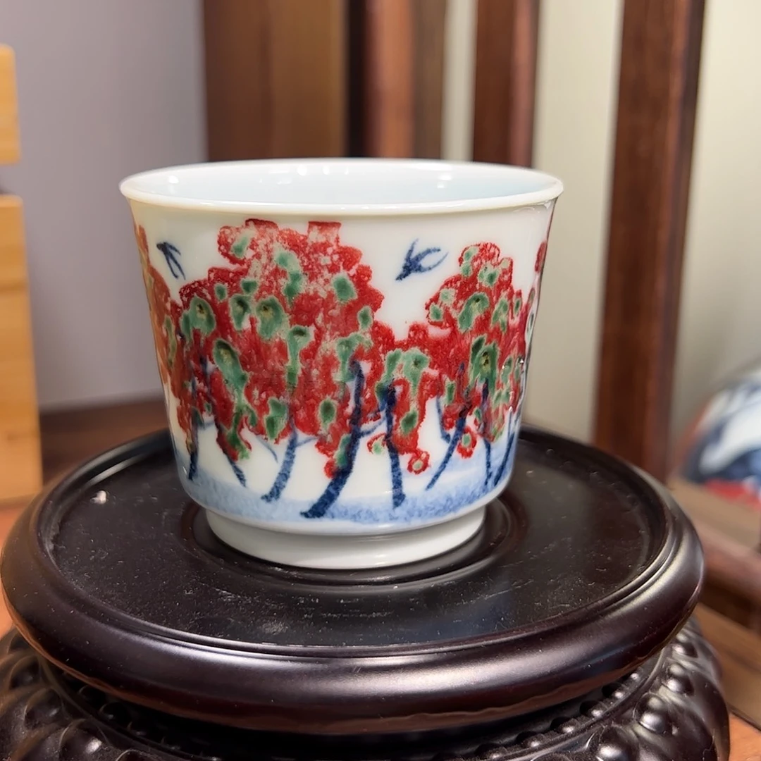 戈**2青花釉里红微瑕大漏主人杯