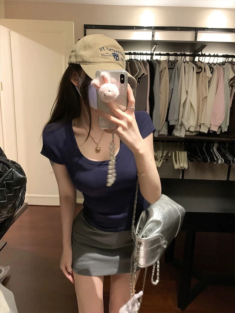 5-053/韩漫身材 纯色u领弹力短袖