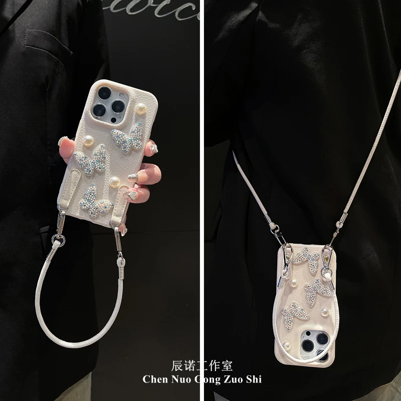 适用苹果华为荣耀oppo/vivo小米手机壳珍珠蝴蝶手提斜挎绳软壳女
