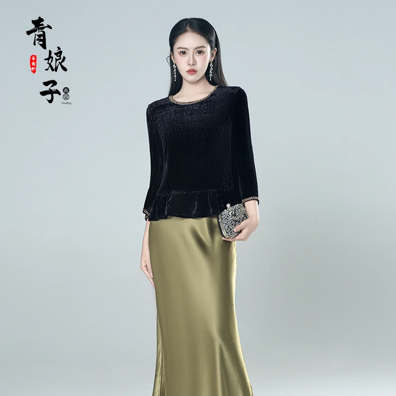 青娘子-（挽梦）真丝丝绒法式气质优雅爆款丝绒百搭套头上衣61268