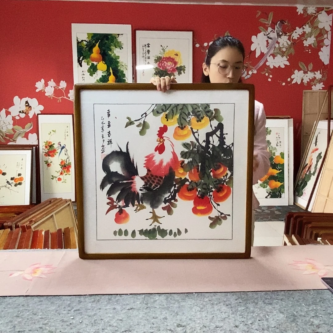 国画手写手绘带框包邮国画作品62✖️62