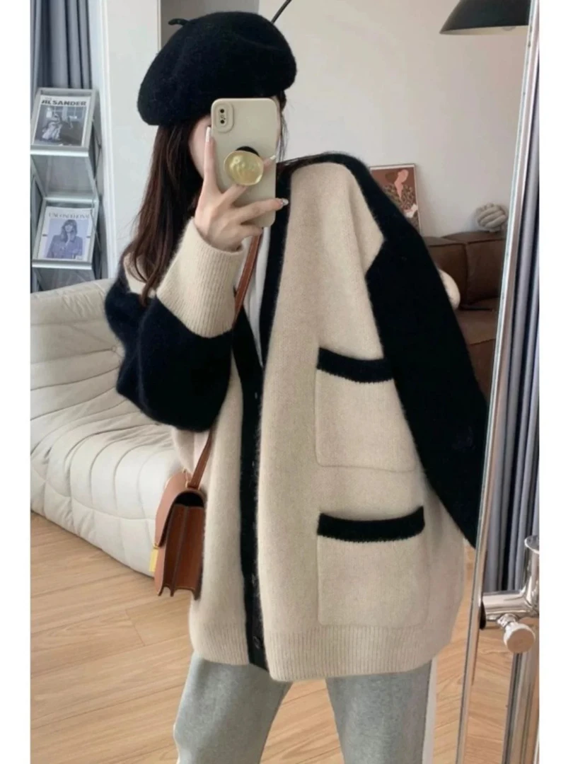 1122 慵懒风拼色宽松休闲毛衣外套（J15）