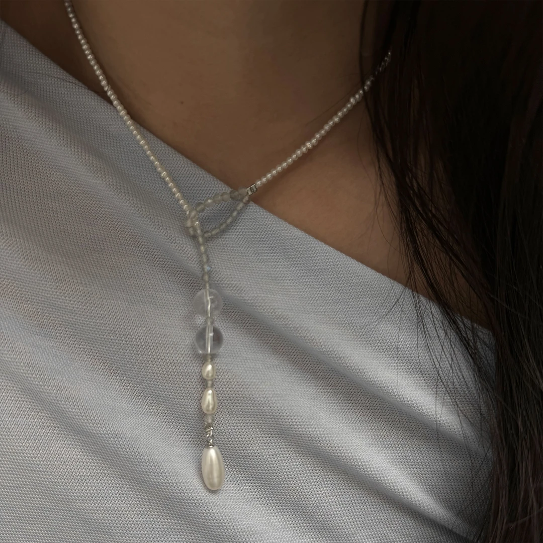 原创设计强光淡水珍珠天然白水晶项链女小众轻奢冷淡风y字锁骨链