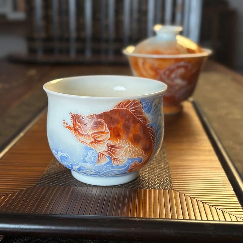 景德镇纯手工手绘鲑鱼泛红描金儒士杯主人杯随手杯中式陶瓷白瓷