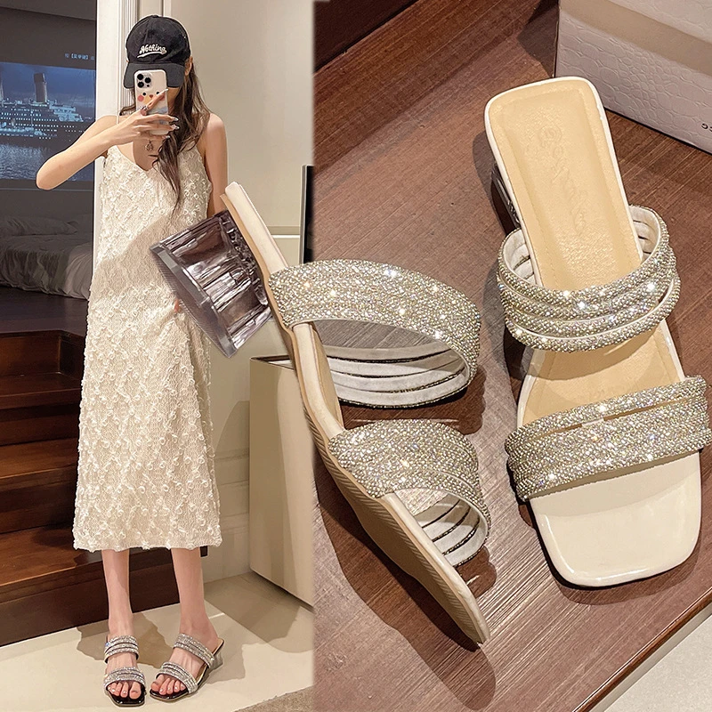 法式绝美一字带璀璨水钻细跟高跟鞋加厚鞋垫凉鞋女两穿外穿凉拖鞋