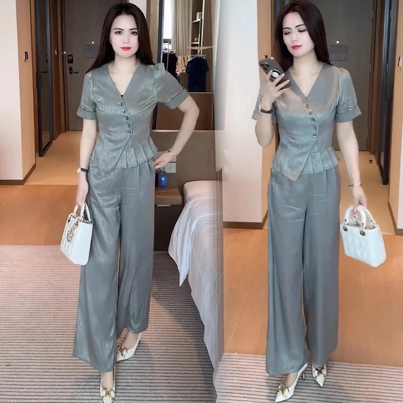 时尚冰丝套装女2025夏季新款洋气显瘦遮肉短袖上衣阔腿裤两件套潮