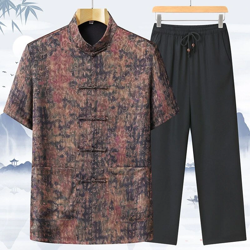 夏季真丝唐装男上衣男装爸爸装中老年男装人夏装男士中国风半袖