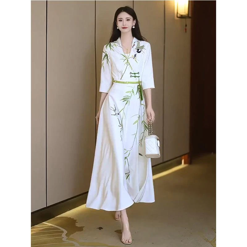 淳启新中式国风盘扣浪漫复古穿搭白色气质女神范女夏季长裙时尚潮