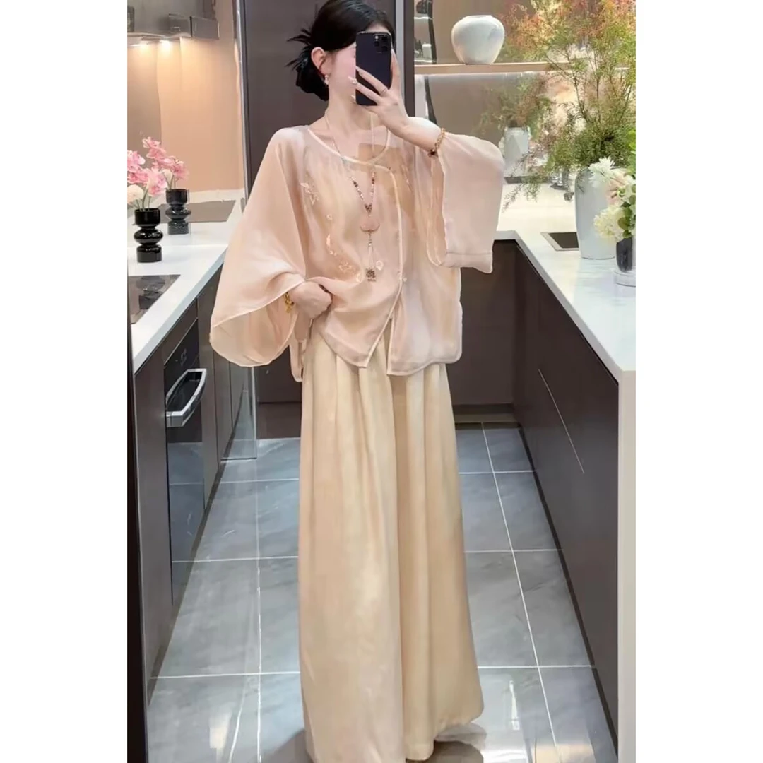 周粥惊鸿新中式刺绣气质温柔上衣+织梦高腰阔腿慵懒风两件套2562