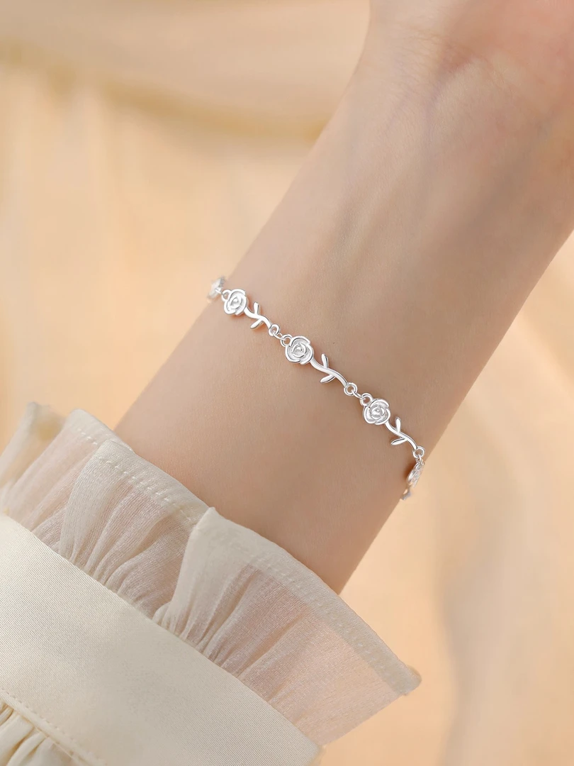 足银手链 玫瑰花手链轻奢小众精致手饰纪念日生日礼物送闺蜜女友