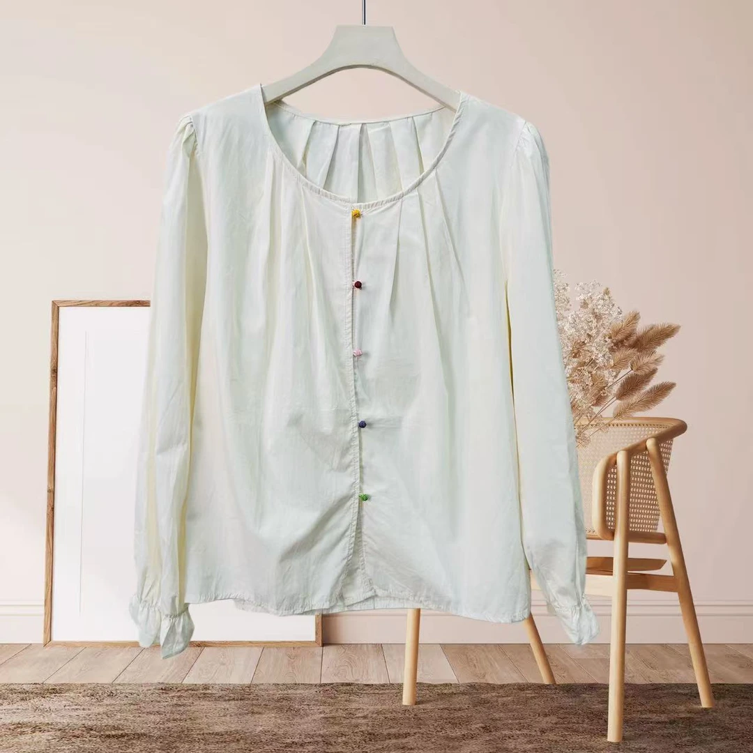 9902国风衬衣法式拼接落肩袖条纹四季通用衬衫衬衣女士气质