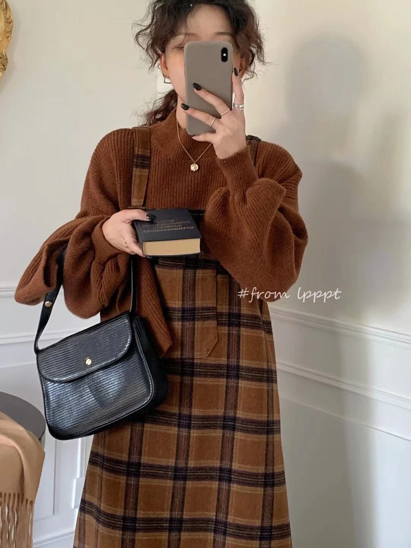约会套装裙胖mm复古一整套女2025春款新款古着毛衣显瘦格子连衣裙