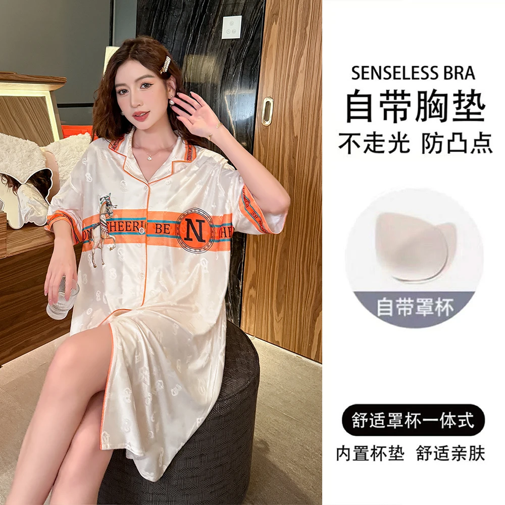带胸垫夏季冰丝提花睡裙女短袖薄款宽松大码可爱卡通休闲夏天睡衣