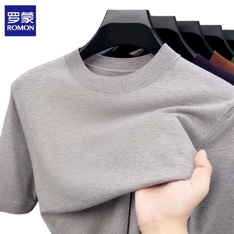 罗蒙男士夏季早秋针织衫常半袖针织半高领纯色薄款套头标准不褪色