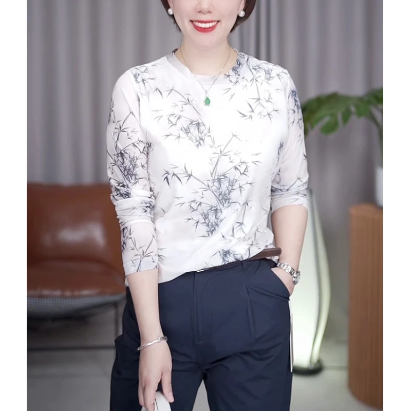 夏季时尚休闲气质长袖印花T恤圆领显瘦百搭洋气国风打底衫2605