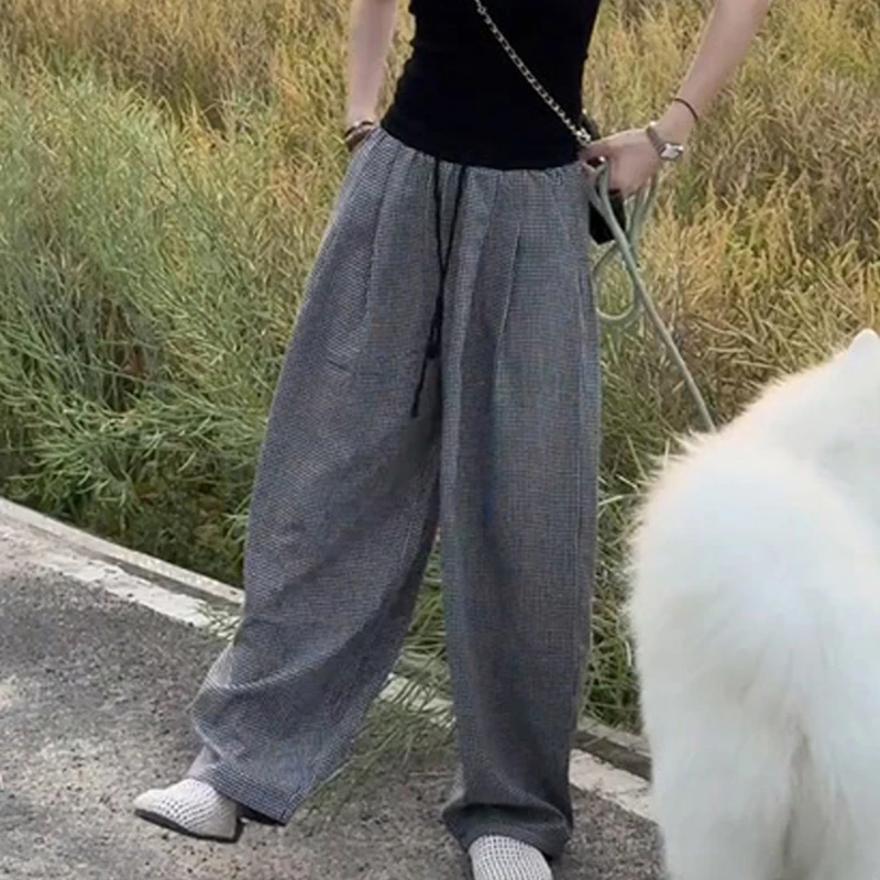 韩系时尚设计感格子通勤休闲裤女2025夏季新宽松显瘦直筒阔腿裤子