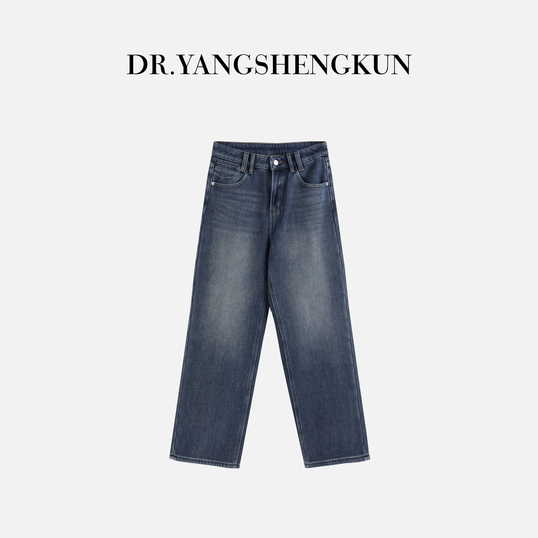 杨圣坤2025冬季新品女士复古水洗蓝百搭直筒加绒牛仔裤W25120740