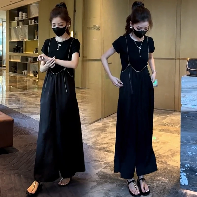 夏季新款洋气显瘦减龄短袖T恤吊带阔腿裤两件套时尚背带裤套装女