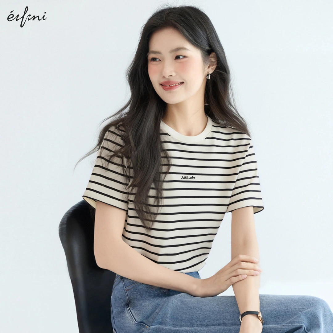 伊芙丽撞色字母绣花T恤女装25春夏新款条纹纯棉休闲短袖1F1900971