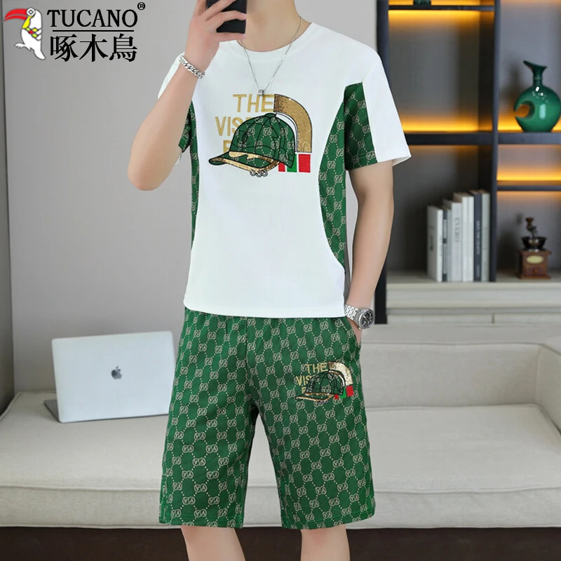 啄木鸟专柜男士夏季时尚薄款透气短袖套装欧货印花运动两件套男装