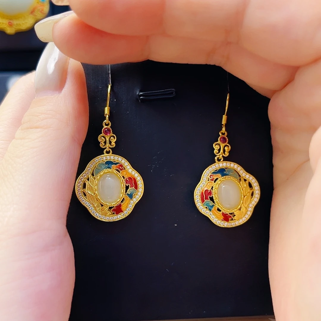 和田玉银S925镀金镶嵌耳饰