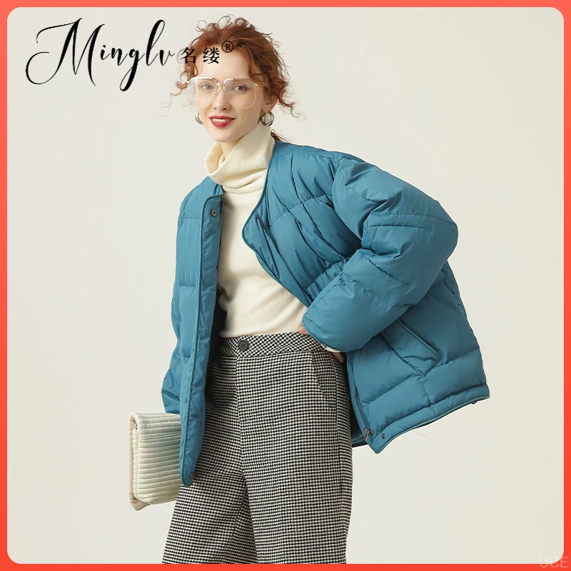 名缕女装圆领包边轻奢短款羽绒服冬季新款时尚休闲落肩纯色外套女