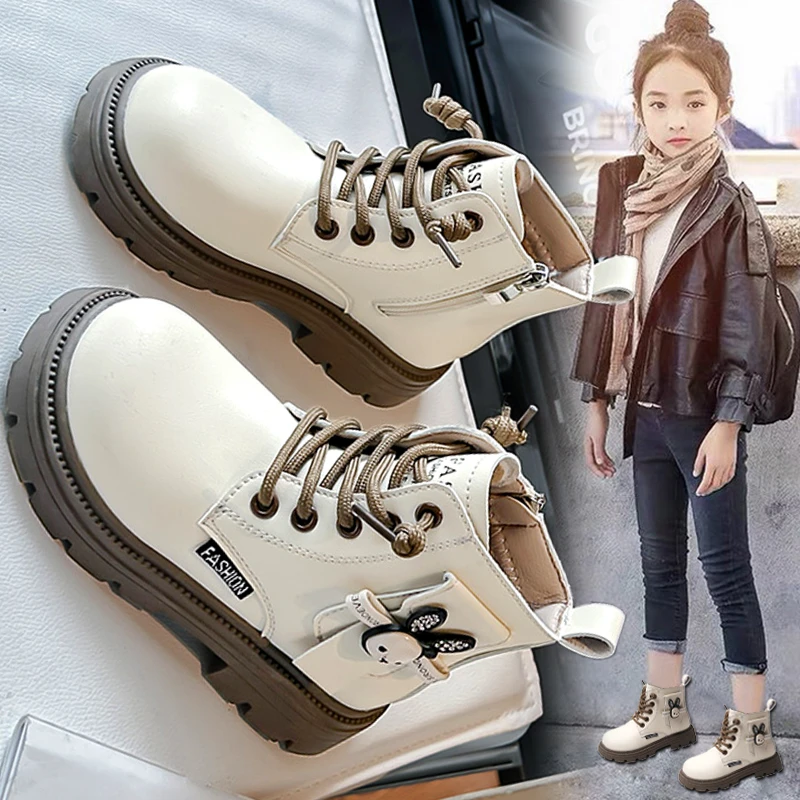 阿童木儿童小皮鞋秋季2025新款女童高筒皮靴防滑大童公主马丁靴子