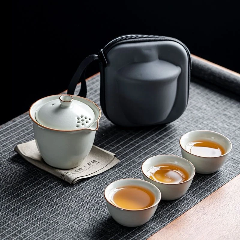 高档汝窑旅行茶具便携式快客杯随身户外一壶三杯陶瓷功夫茶杯茶壶