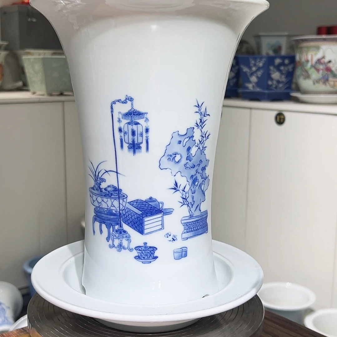 冇***人花器青花青供土陶瓷花器套