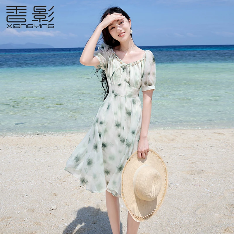 【粉丝专享】Q842251连衣裙 香影晕染连衣裙女夏季新款印花泡泡