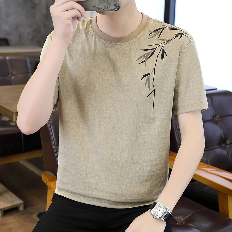 夏季中国风刺绣短袖t恤男透气休闲高品质体恤衫2025新款凉爽男衫
