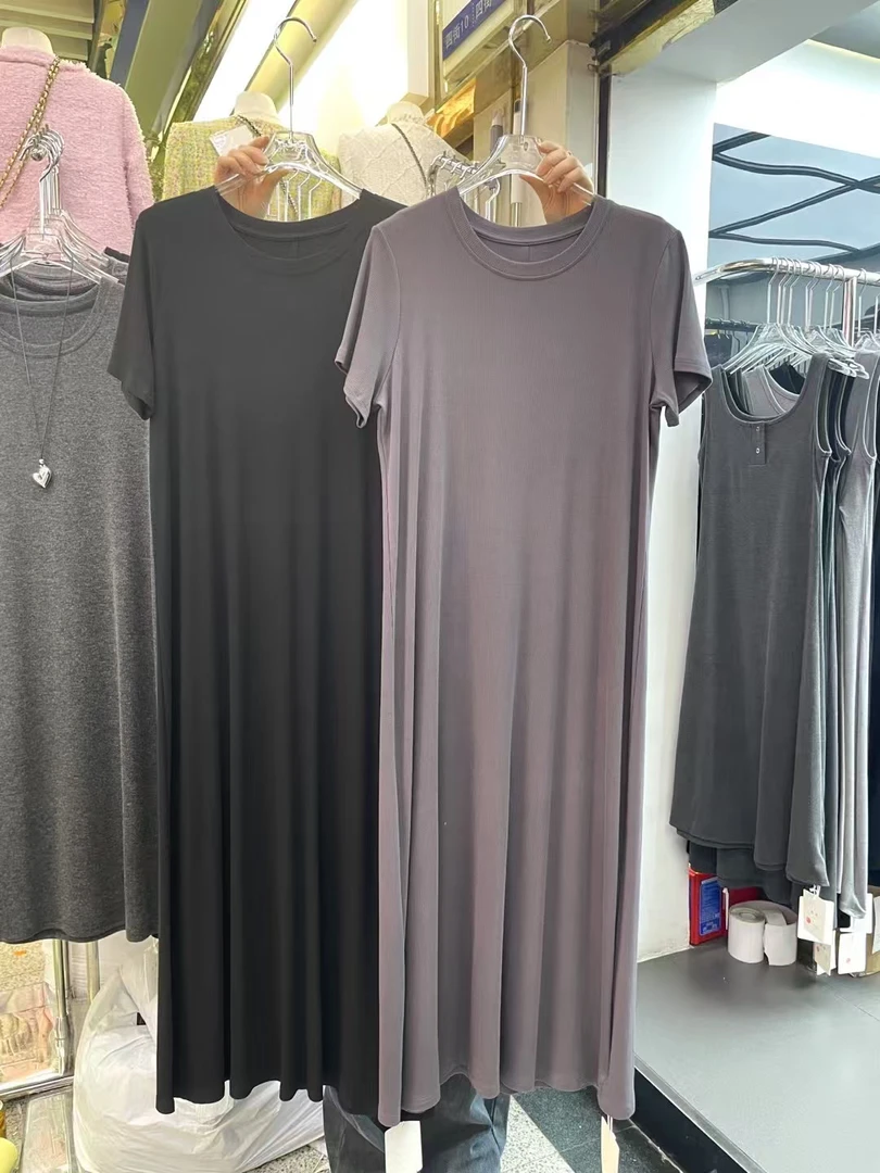 25071#春季套头圆领短袖连衣裙弹力薄款睡裙百搭简约宽松夏季