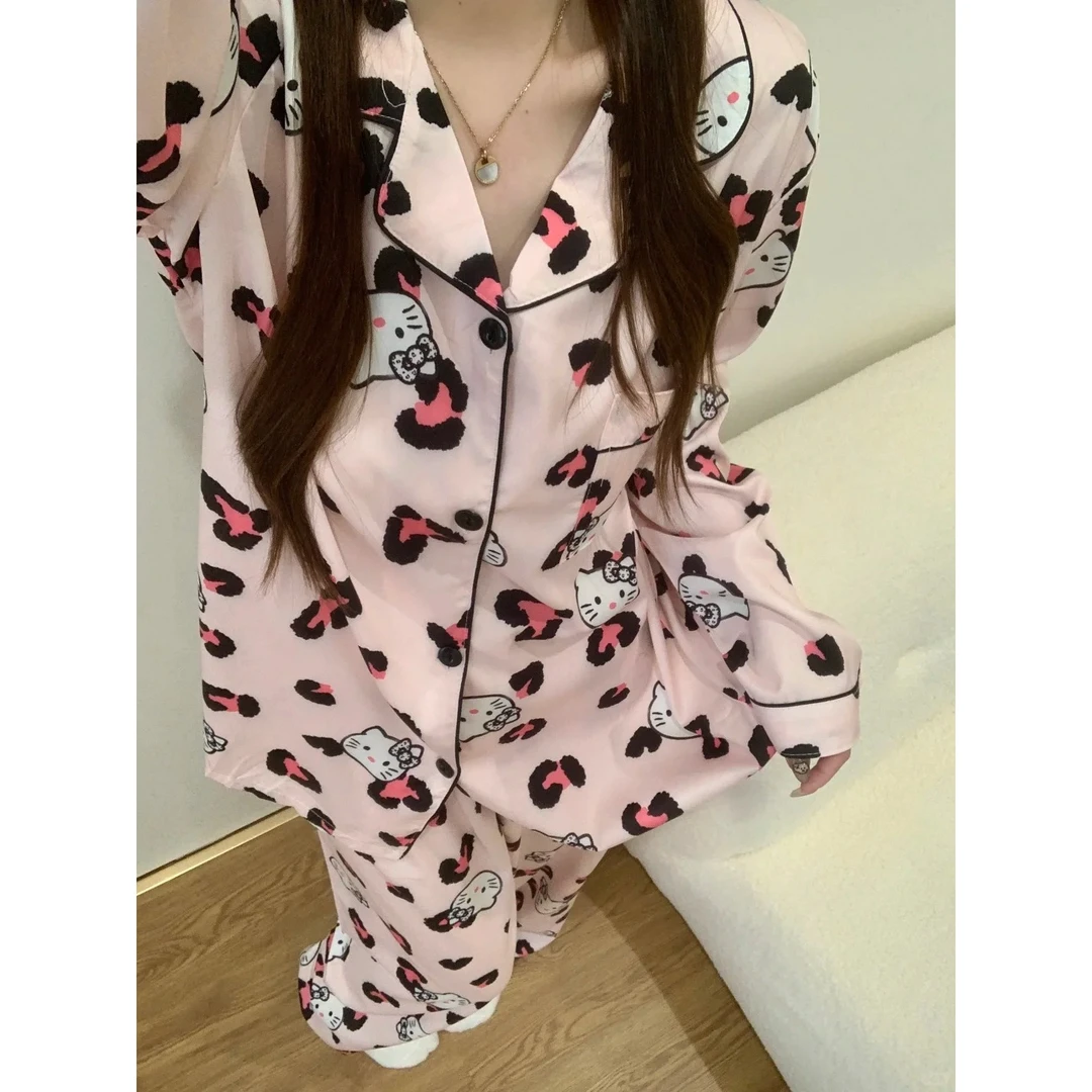 多巴胺粉色可爱kitty猫冰丝睡衣女夏季新款长袖长裤两件套家居服