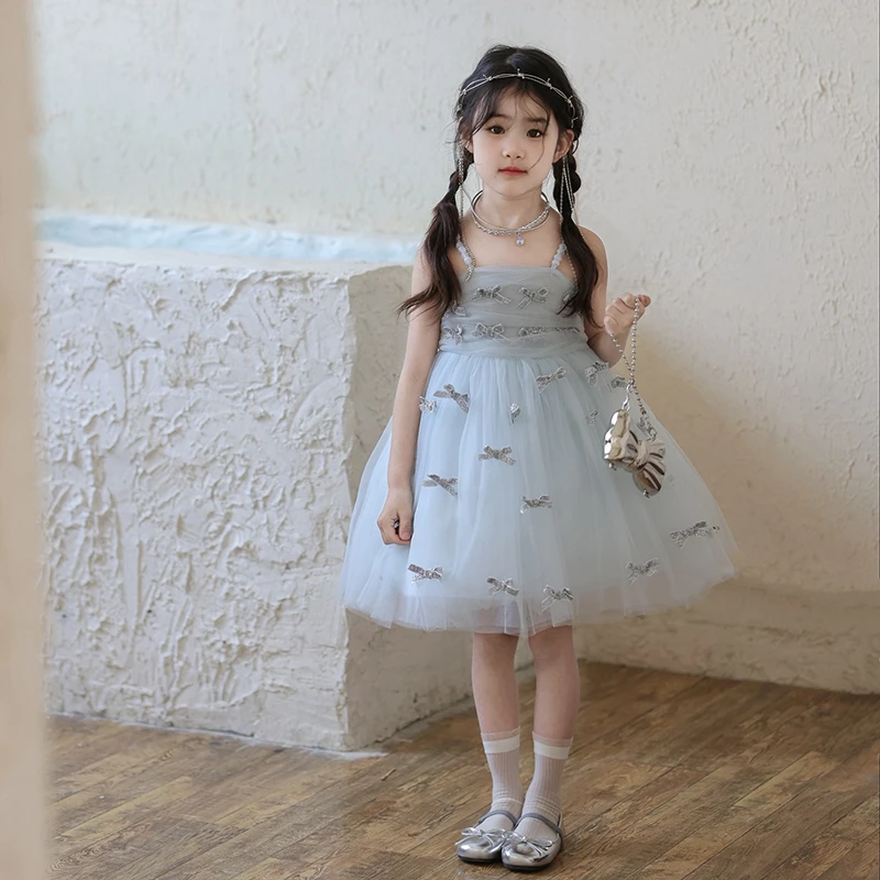 夏”海盐泡沫”女童吊带蝴蝶结蓬蓬网纱连衣裙dy949