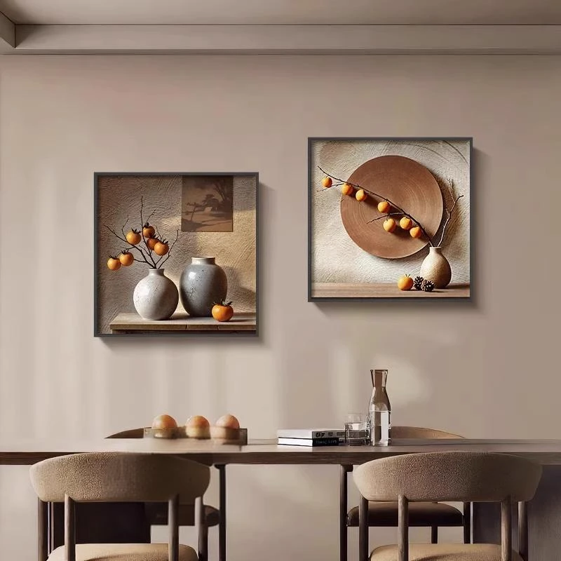 柿柿如意餐厅装饰画侘寂风客厅沙发背景墙挂画新中式餐桌边柜壁画