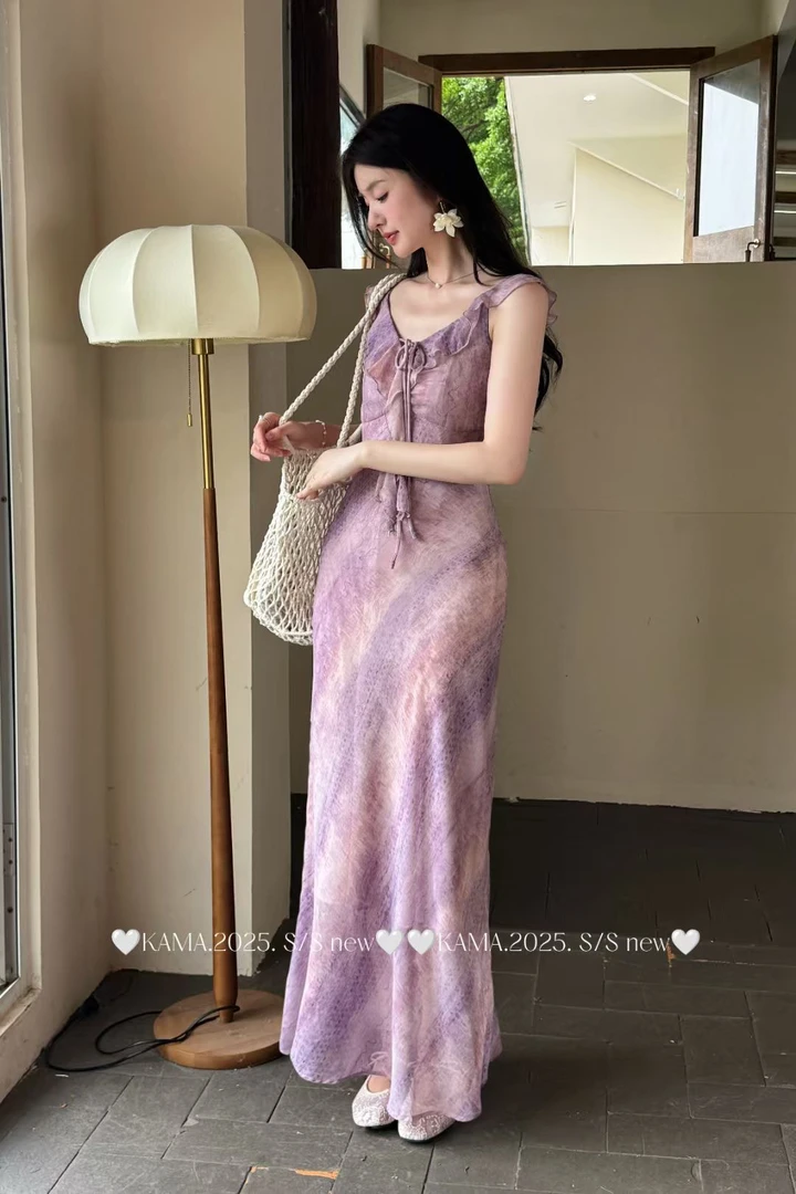 夏季新款法式温柔木耳边扎染收腰显瘦长裙度假气质露背连衣裙裙子