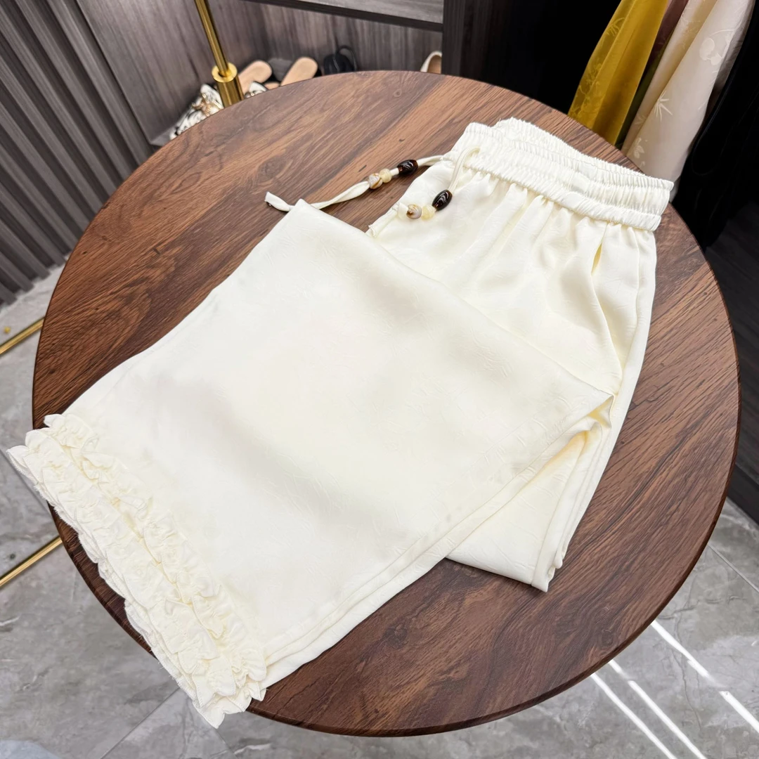 夏季新款缎面垂感花边显瘦直筒休闲裤 1020525