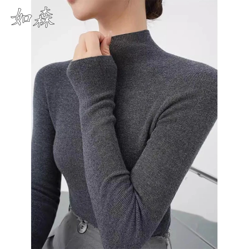 半高领灰色独特针织衫女秋冬款法式气质内搭毛衣高级修身打底上衣