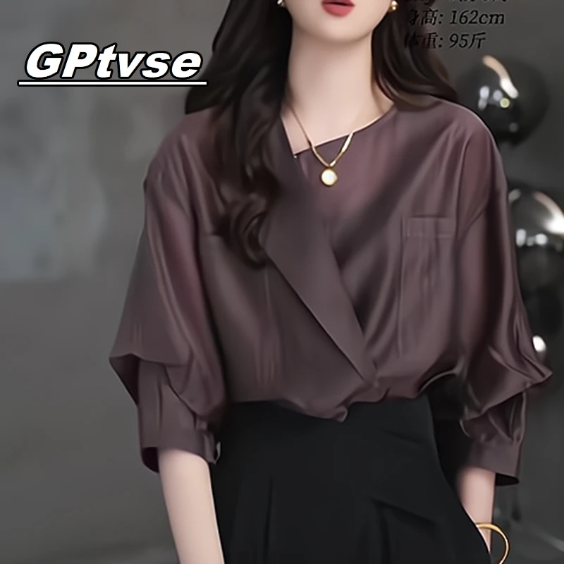 GPTVSE高端气质领口通勤衬衫女2025夏轻奢款捏褶袖口百搭上衣潮流