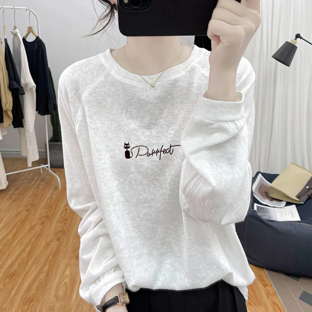 欧货雪花棉长袖t恤女2025新款春秋季圆领宽松简约休闲内搭上衣服