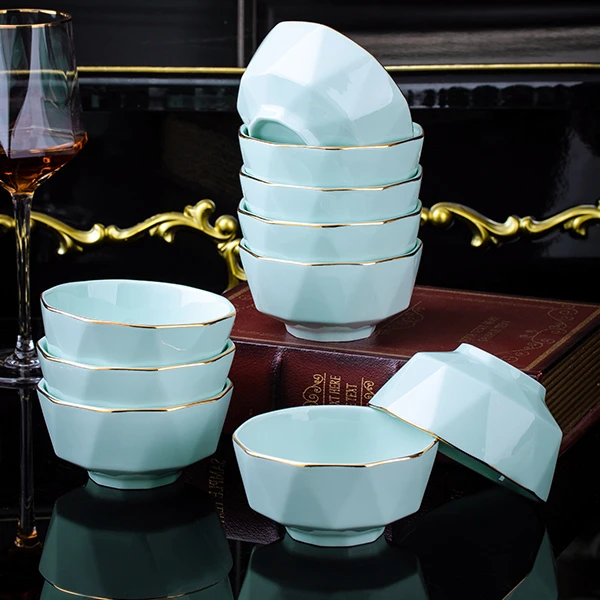 影青钻石5英寸饭碗10个装景德镇家用陶瓷碗盘餐具欧式防烫吃饭碗