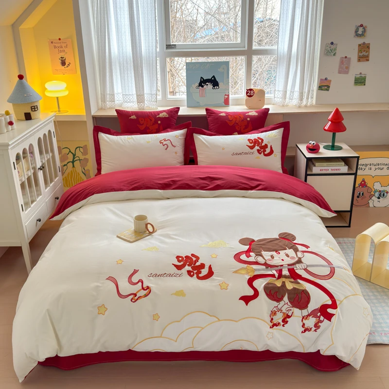 哪吒 全棉纯棉可爱卡通被套四件套 高支高密刺绣儿童床品三件套