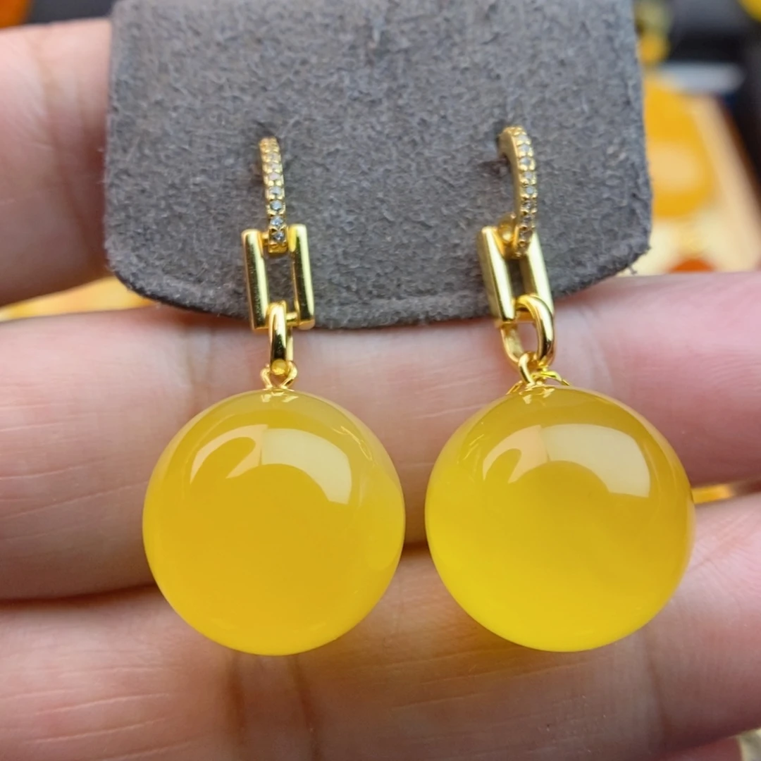 银S925镀金镶嵌琥珀耳饰15m