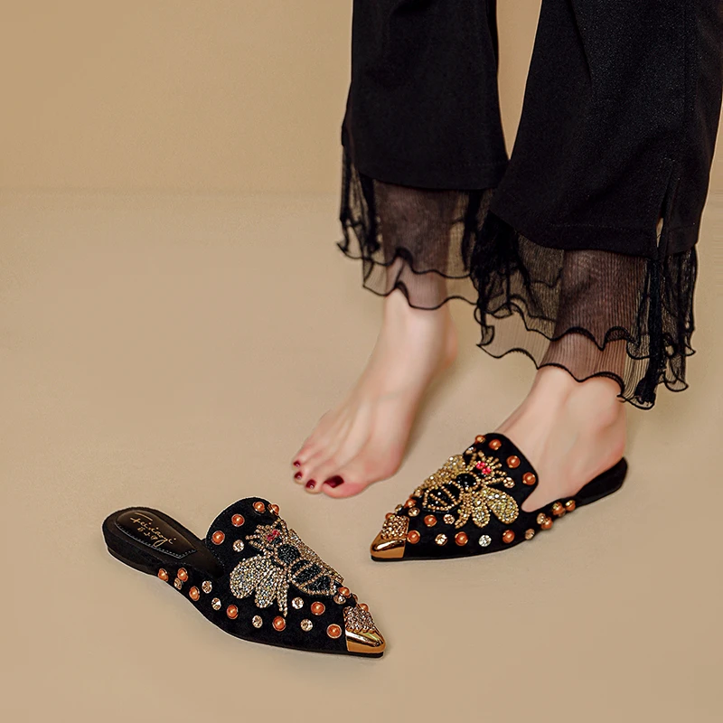 新款国风凉拖鞋小蜜蜂彩钻包头半拖鞋女外穿尖头平底穆勒鞋