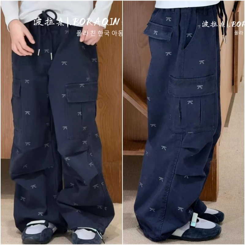 波拉亲亲子BORAQIN韩版童装2025秋儿童纯色蝴蝶结校园工装阔腿裤